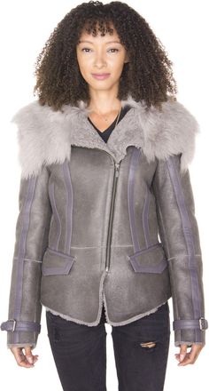 Infinity Leather Womens Grey Toscana Shearling Flying Jacket-Polegate