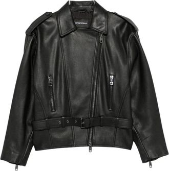 Emporio Armani Leren bikerjack met riem - Dames - Leren en Su&egrave;de Jassen - Zwart - M - Leer - Jassen
