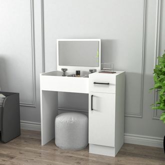 Dmora Toilette Lequile, Mueble De Tocador Con Espejo, Un Caj&oacute;n, 2 Puertas, 74x38x108h Cm Blanco
