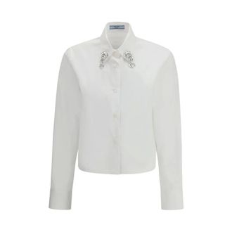 Prada Crystal Jewel Collared Shirt - Dames - Blouses & Shirts - Wit - Maat: M Katoen