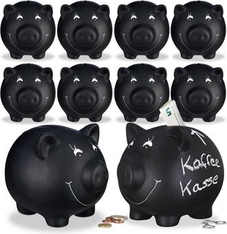 Relaxdays 10x Chalkboard Piggy Bank, Ceramic, Wedding, Birthday, Money Savings Animal, HxWxD: 14 x 17 x 13 cm, Black