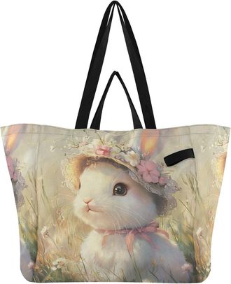 Generic Floral Hat Rabbit Beige pattern Reusable Canvas Tote Bag, Heavy Duty Grocery Shopping Bag with Hard Bottom Large Capacity Double Handles Work Grocerie