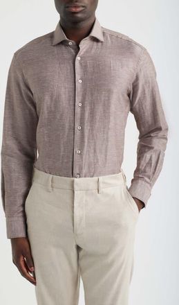 Eterna Modern Fit Cotton & Linen Dress Shirt in Brown at Nordstrom, Size 15.5 - L