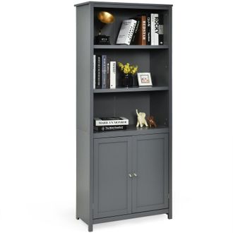 Costway Costway Wooden Tall Bookcase 3-Tier Shelving Storage Cabinet 2 Doors Display Organizer in Grey