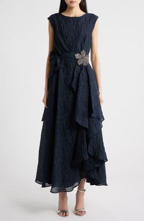 Tahari by ASL Beaded Flower Crinkled Taffeta Dress in Navy at Nordstrom, Size 16