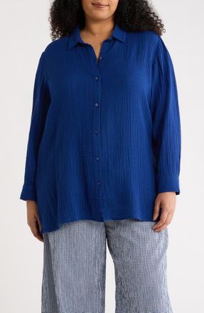 Eileen Fisher Classic Collar Easy Organic Cotton Button-Up Shirt in Deep Dive at Nordstrom, Size 2X