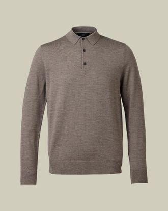 CHARLES TYRWHITT Pure Merino Knitted Polo - Mocha Size Medium by Charles Tyrwhitt