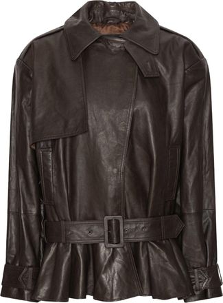 Rotate Structured Brown Biker Jacket with High Collar and Buckle Details