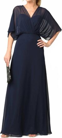 EVA Mia Chiffon Draped Sleeve Formal Evening Dress In Navy
