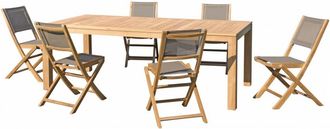 Macabane Mesa y sillas de jard&iacute;n de madera de teca/textileno topo 6/8 personas