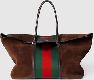 Gucci Medium Duffle Bag With Web, Brown, Suede