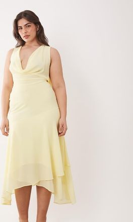 Tfnc Plus Vestito midi da damigella in chiffon giallo limone con scollo ad anello e foulard