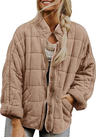 Generic Ladies Casual Loose Short Winter Quilted Cotton-Padded Jacket Stand-up Collar Zipper Coat with Pockets Solid Color Jacket
