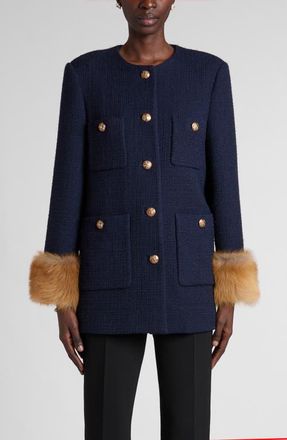 Valentino Garavani Wool Blend Tweed Jacket with Faux Fur Cuffs in Navy at Nordstrom, Size 38