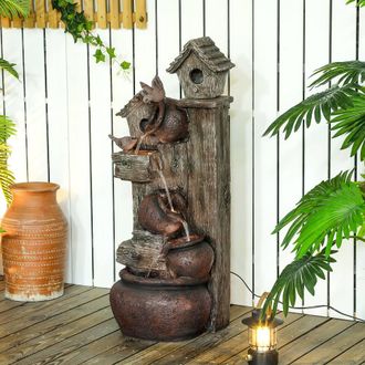 OUTSUNNY 2-in-1 Waterfall Fountain with Birdhouse, Resin Outdoor Fountain