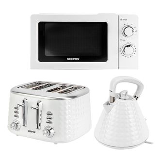 Geepas Argyle Matching 1.5L Kettle, Toaster & 20L Microwave Oven Set in White