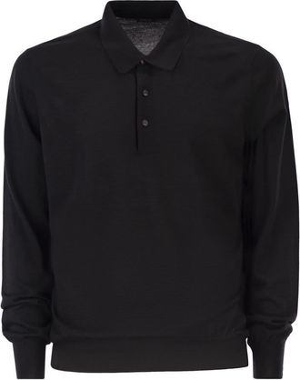 Kiton Mens Long-sleeved Wool Polo Shirt - Black - Size X-Large