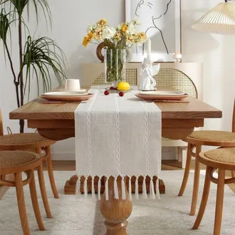OEM Camino De Mesa Estilo Campestre Con Borlas, Largo 200 Cm, Como Decoraci&oacute;n De Tocador Y Como Decoraci&oacute;n De Comedor (33 X 200 Cm)
