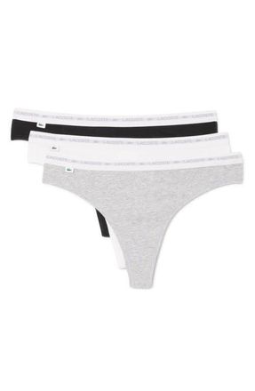 Lacoste 3-Pack Stretch Cotton Thongs in Black/White/Silver Chine at Nordstrom, Size 3X-Large