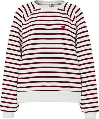 Pieces Sweatshirt PIECES PCGRETA LS EMB UB SWEAT FC, Damen, Gr. XL, cloud dancer stripes:tawny port, heart emb, Sweatware, Obermaterial: 78% Baumwolle, 22% P