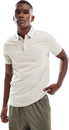 Boss Orange by Hugo Boss Passertip Icon - Polo slim fit in piqué beige chiaro con logo e righe a contrasto sui bordi-Neutro