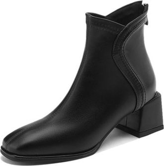 Generic Womens Square Toe Ankle Boots Chunky Block Heels Side Zipper Decorative Stitching Smooth Upper Soft Lining Cushioned Insole Durable Outsole,Black,5.5 