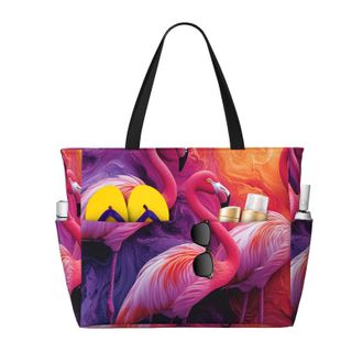 Generic Pink Flamingo Print Large Beach Bag Foldable Travel Shoulder Tote Bag With Pocket For Weekender Pool Vacation