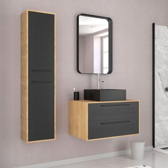 Aurlane Mueble De Ba&ntilde;o De 80 Cm, Lavabo + Espejo Y Columna - Roble Natural Y Negro