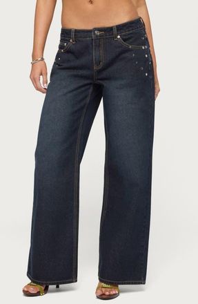 Edikted Spiral Studded Low Rise Baggy Jeans in Dark-Blue-Washed at Nordstrom, Size X-Large