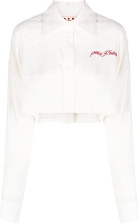 Marni slogan-embroidered long-sleeve cropped shirt - women - Viscose - 36 - Neutrals
