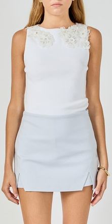 endless rose Flower Trim Sleeveless Rib Top in White at Nordstrom, Size X-Small