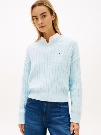 Tommy Hilfiger Strickpullover TOMMY HILFIGER CO CABLE MID GG RLX LS V-NK SWT, Damen, Gr. L (42/44), keepsake blau, Strick, Obermaterial: 100% Baumwolle, unifarben, r