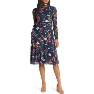 Eliza J Floral Long Sleeve Mesh Dress in Navy Multi at Nordstrom Rack, Size 12