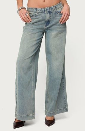 Edikted Saffie Low Rise No Waistband Wide Leg Jeans in Blue-Vintage-Washed at Nordstrom, Size X-Small