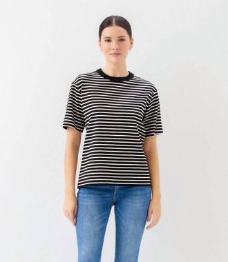 Karen Kane Stripe Short Sleeve Top In Black With Ivory