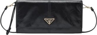 Prada Clutches, female, Black, Size: ONE SIZE Leather Wallet with Shoulder Strap