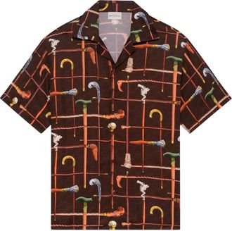 Dr&ocirc;le de Monsieur Cannes Print Viscose Short Sleeve Shirt - Heren - Korte mouwen Overhemden - Bruin - M - Overhemden