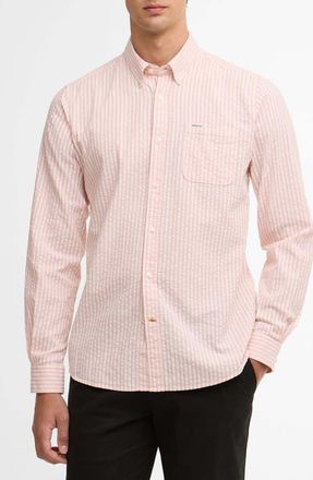 Barbour Cresswell Stripe Cotton Seersucker Button-Down Shirt in Mineral Pink at Nordstrom, Size Xx-Large