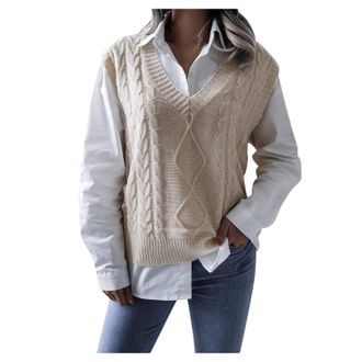 Generic HUIFUAO Womens Sweater Vest Plus Size Knitted Waistcoats V Neck Sleeveless Jumpers Basic Lightweight Pullover Soft Tank Tops Gilets (Z04 Beige, L)