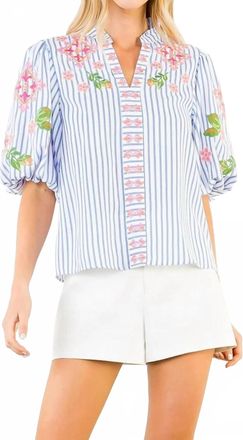 THML Clothing Puff Sleeve Striped Embroidery Detail V-Neck Top In Blue Stripe