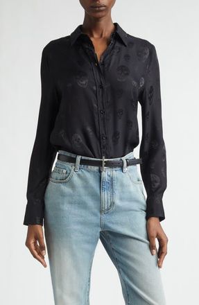 Alexander McQueen Slim Fit Skull Print Cr&ecirc;pe de Chine Button-Up Shirt in Black at Nordstrom, Size 12 Us