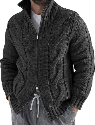 Generic Mens Zip Up Cardigans Chunky Knit Sweaters Long Sleeve Two-Way Zipper Cardigan Solid Colour Cable Knit Jumper Regular Fit Stand Up Collar Jumpers Wint