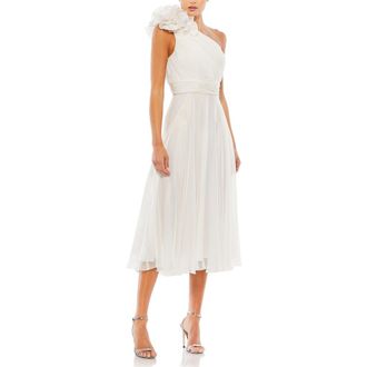Mac Duggal Rosette One Shoulder Tea Length Dress in White at Nordstrom, Size 12