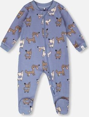 Deux par Deux Organic Cotton One-Piece Dog Print Pyjama in Blue Printed Dogs at Nordstrom, Size 24M