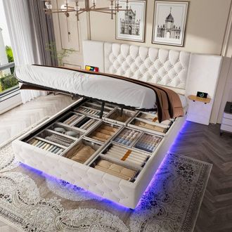 Direct Wicker Modern Hydraulic Storage Double Bed Frame with LED Lighting in Beige