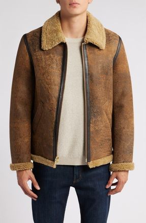 Schott NYC Genuine Shearling Collar Sheepskin Bomber Jacket in Brown at Nordstrom, Size Large