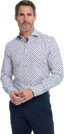 R2 overhemd wit blauw bruin geprint wide spread katoen