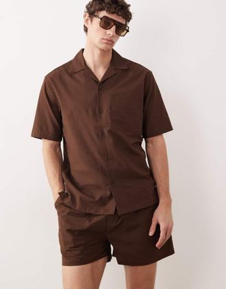 Asos Camicia a maniche corte in misto lino marrone scuro