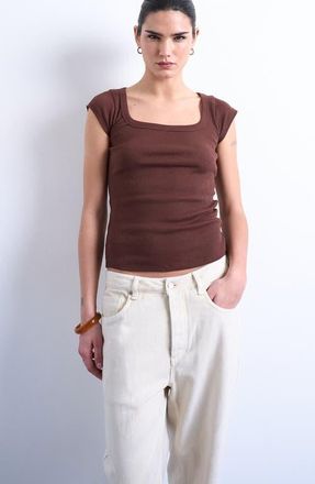Topshop Square Neck Cap Sleeve Stretch Cotton Rib Top in Brown at Nordstrom, Size X-Small