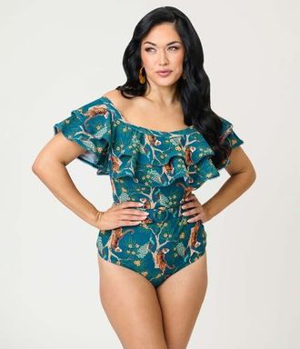 Unique Vintage Off Shoulder Nantucket Swimsuit in Teal Tiger Print at Nordstrom, Size X-Large